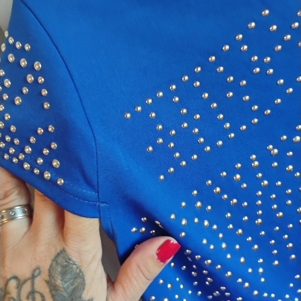 Jasmine Sportswear Royal Blue Mock Neck Studded Crop Top - Size XL - Picture 4 of 9